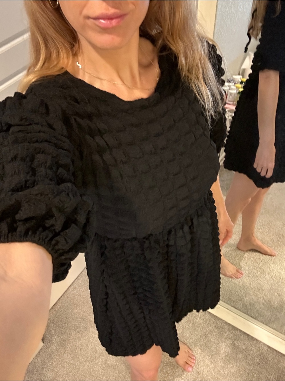 NWT Nasty Gal Black Textured Mini Dress with Puff Sleeves